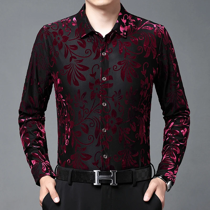 Exquisite Fashion Casual Shirts For Men Hollow Lace Long Sleeved Spring Quality Velvet Soft Comfortable Luxury Camisas De Hombre