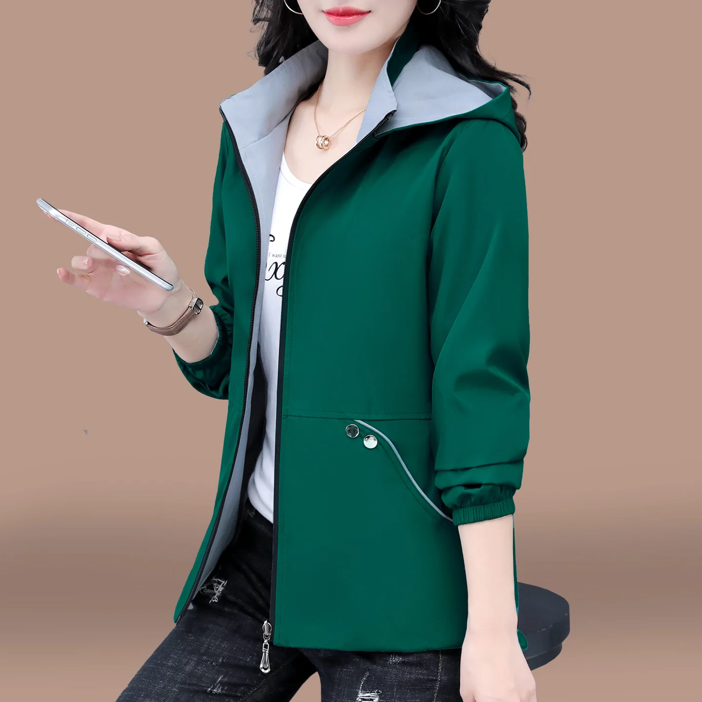 المرأة على الوجهين خندق معطف 2025 معطف ربيع الخريف موضة فضفاضة مقنعين سترة غير رسمية متعددة الاستخدامات الإناث سترات واقية ملابس خارجية