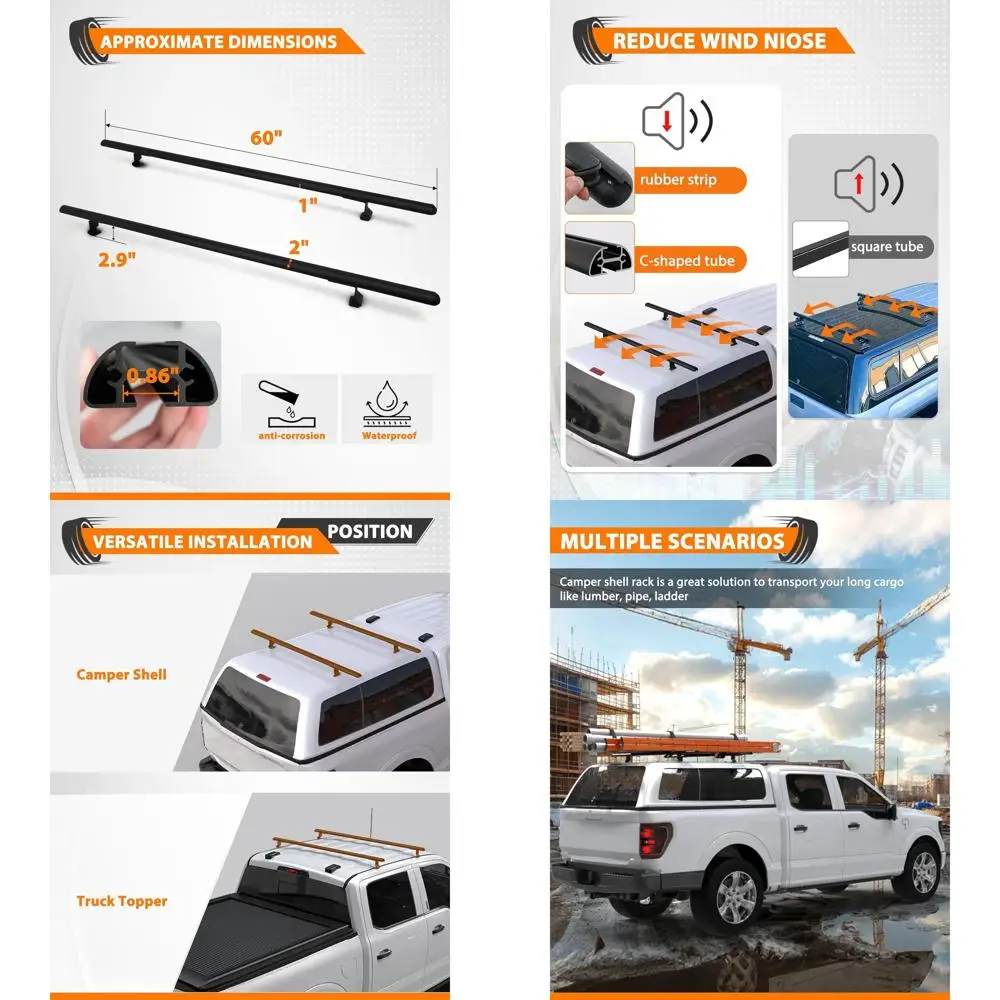 

60" Truck Cap Topper Rack Adjustable Aluminum Ladder Roof Rack for Kayak Canoe Lumber Pipe(Max Load 500lbs)