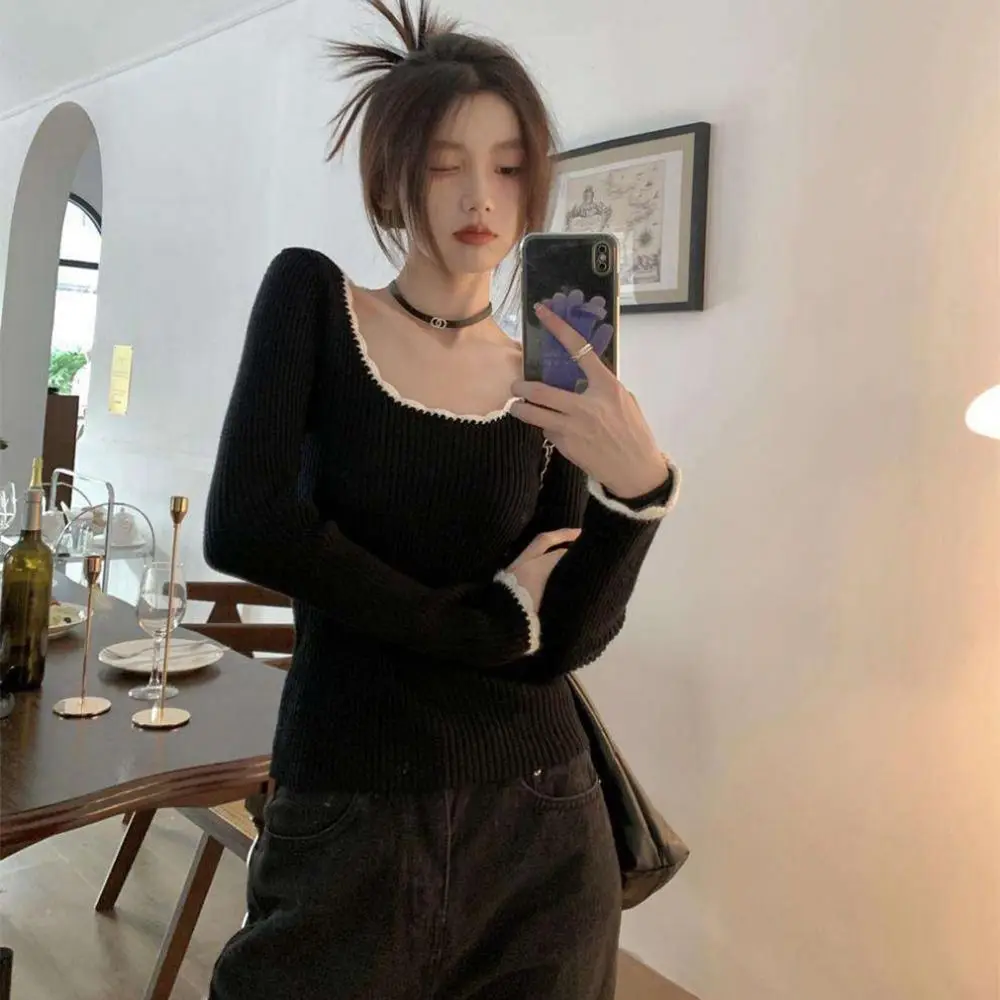 Square-cut Collar Square Collar Shirt Solid Color Elegant Pullover Blouse Short Style Casual Long Sleeve Hanging Neck Date