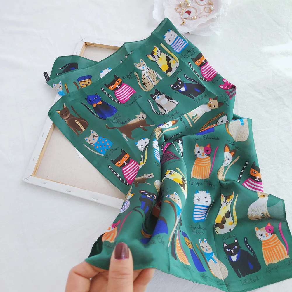 Luxury Brand 2025 New Fashion Summer Silk Square Scarf Women Cat P Satin Neck Hair Tie Band Beach Hijab Head Female Foulard image 5