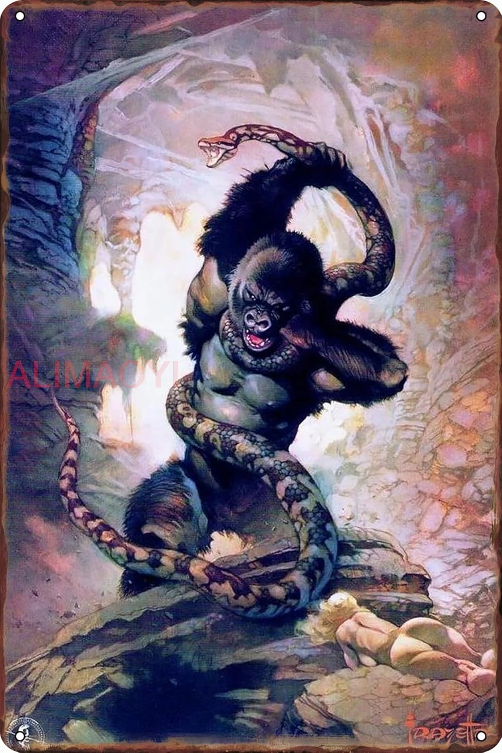 Retro Metal Tin Sign Frank Frazetta 8th Wonder Gorilla Snake Fantasy Science Fiction Horror Artwork Artist Retro Vintage Co nice