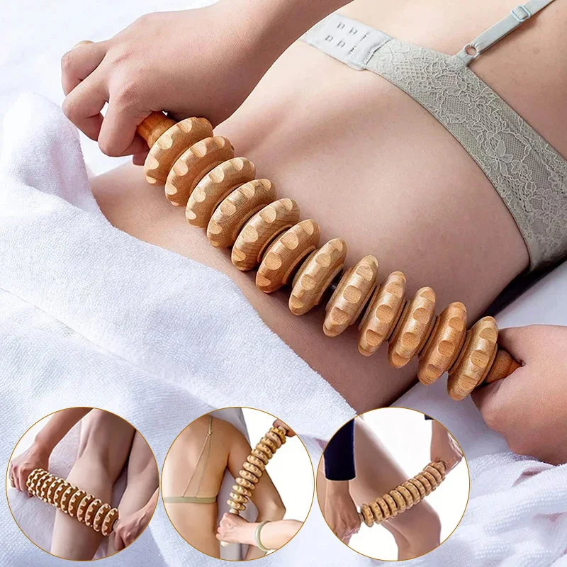 Body Fascia Massager Anti-slip Handle Wood Grooved Gear Arms Legs Thighs Buttocks Smooth Roller Massager for Back Relaxation