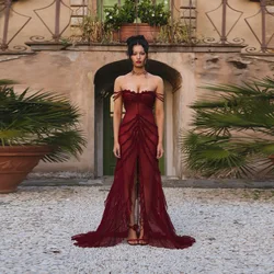 Fashion Burgundy Bridal Dresses Robe Cap Shoulder Sheer See Thru Tulle Bride Dress To Photo Front Slit Long Wedding Party Dresse