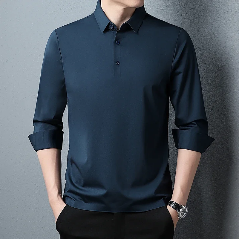 Tcyeek 100% Silk Shirts for Men Clothing Long Sleeves Tops Men Business Casual T-shirts Male Polo Shirt Camisas Y Blusas Zm2917