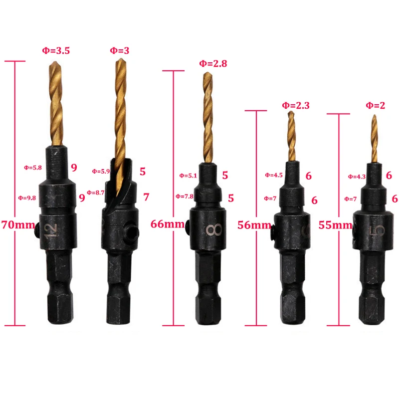 4/5 pz 5 ~ 12 trapano svasatore per la lavorazione del legno Set di punte per trapano fori pilota di perforazione per vite dimensioni #5 #6 #8 #10 #12 con una chiave strumenti