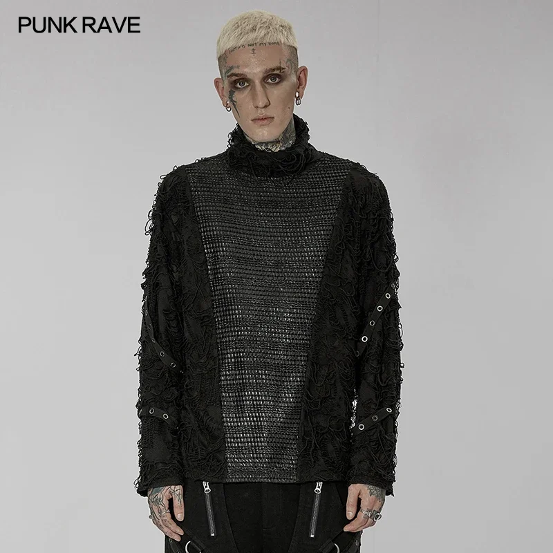 

PUNK RAVE Men's Gothic High Round Collar Pullover T-shirt Elastic Ragged Eyelet Webbing Personality Casual Loose Tops