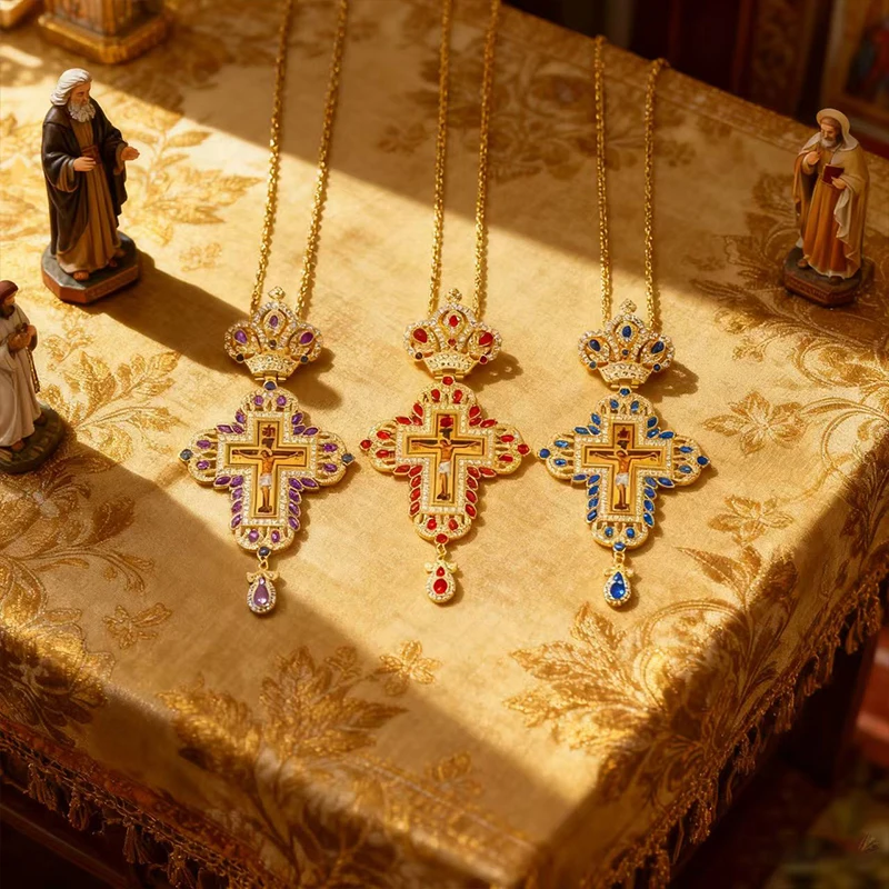 Luxuriöse Orthodoxe Brustkreuz-Halskette, Rote Kristallakzente mit Kruzifix-Ikone, Hochwertiger Liturgischer Schmuck für Kirchliche Sakramente – Detail 5