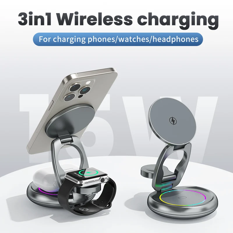 

4 in 1 Foldable Magnetic 15W Wireless Charger Station with LED Ambient Light for iPhone 15 14 13 Pro/Max/Plus and Apple Watch