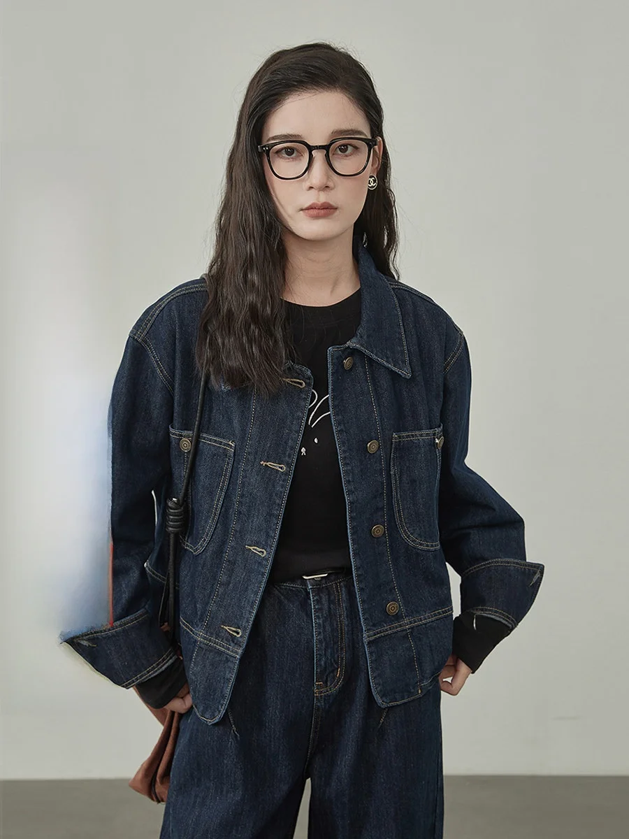 

Женская джинсовая куртка Simple, весна 2026, повседневная, приталенная, из хлопка, с длинным рукавом, воротником и пуговицами, для города