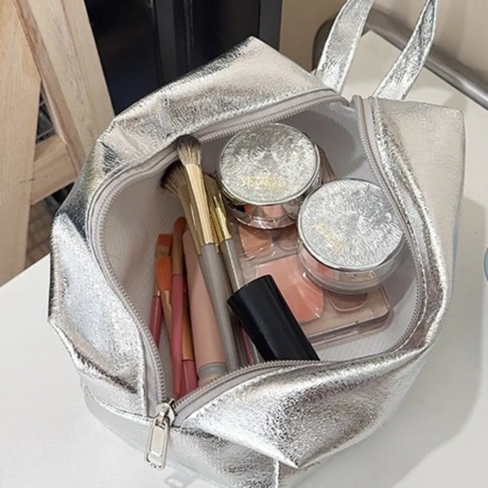 New Shiny Makeup Bag Large Capacity Handheld Cosmetic Bag Solid Color Multi-Purpose Toiletries Skincare Storage Bag Travel