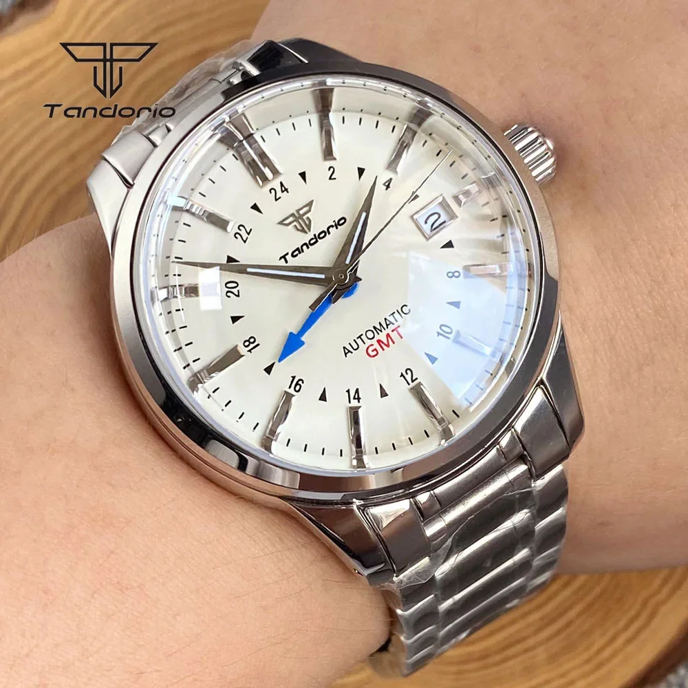 Tandorio NH34 40mm Automatic Steel Watch Double Domed Sapphire Luminous GMT Polished Dive Wristwatch for Men 20BAR Glass Back