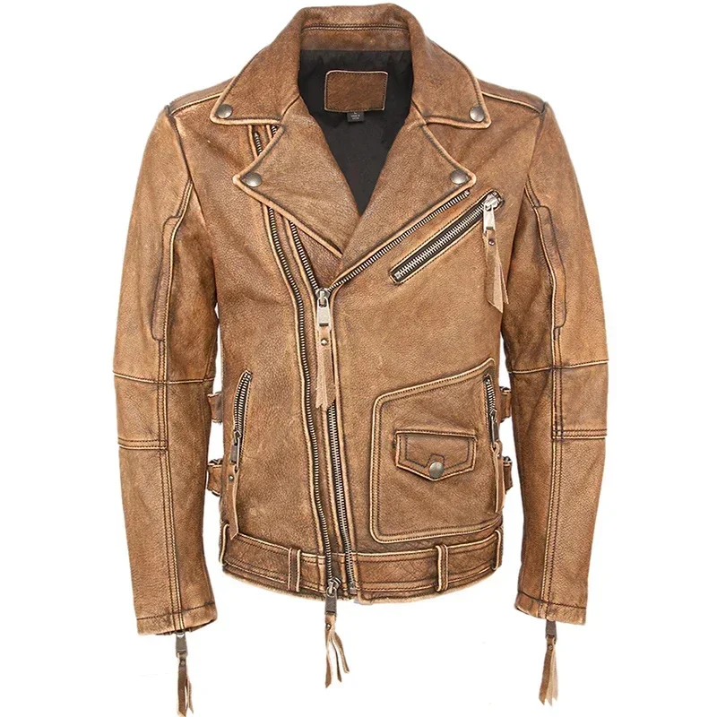 Vintage Motorcycle Jacket Slim Fit Thick Men Leather 100% Cowhide Moto Biker Man Coat Winter Warm M455