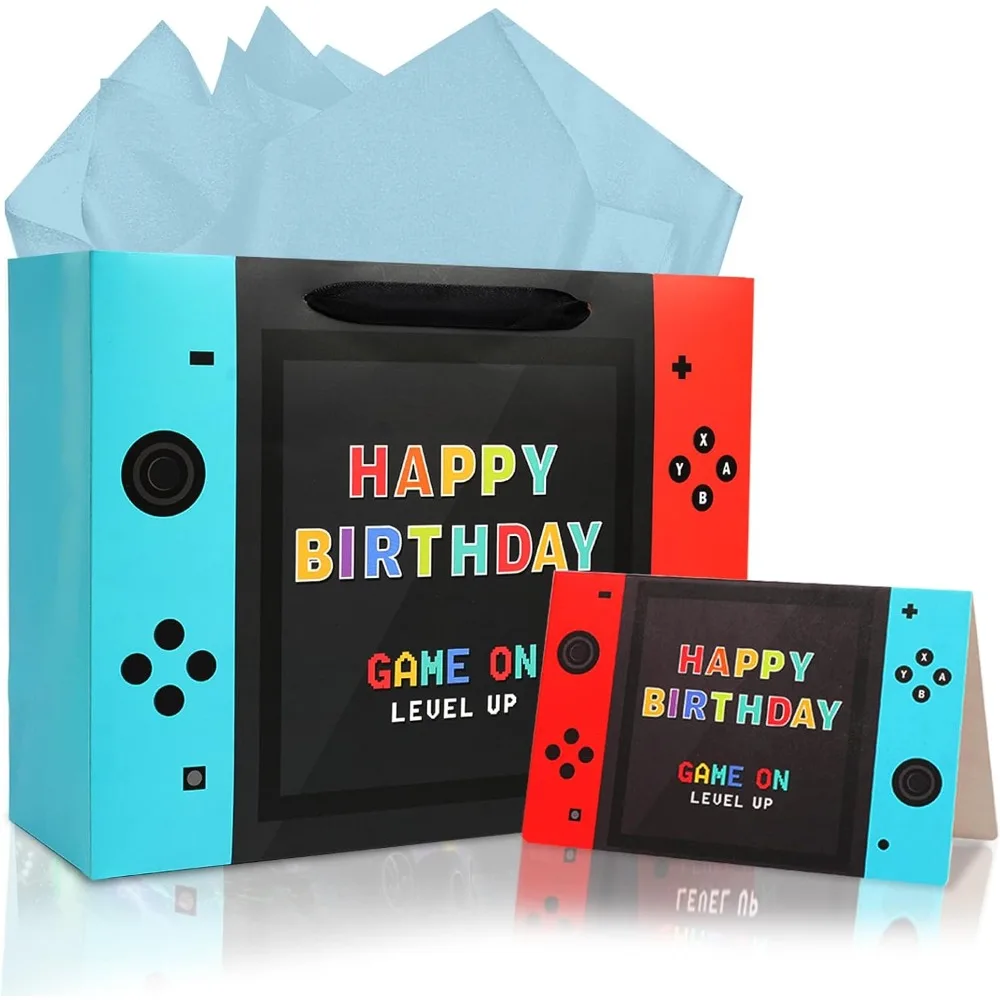 

Video Game Birthday Gift Bag - 13 Large Happy Birthday Gift Bag with Tissue Paper and Card for Boys Kids Video Game