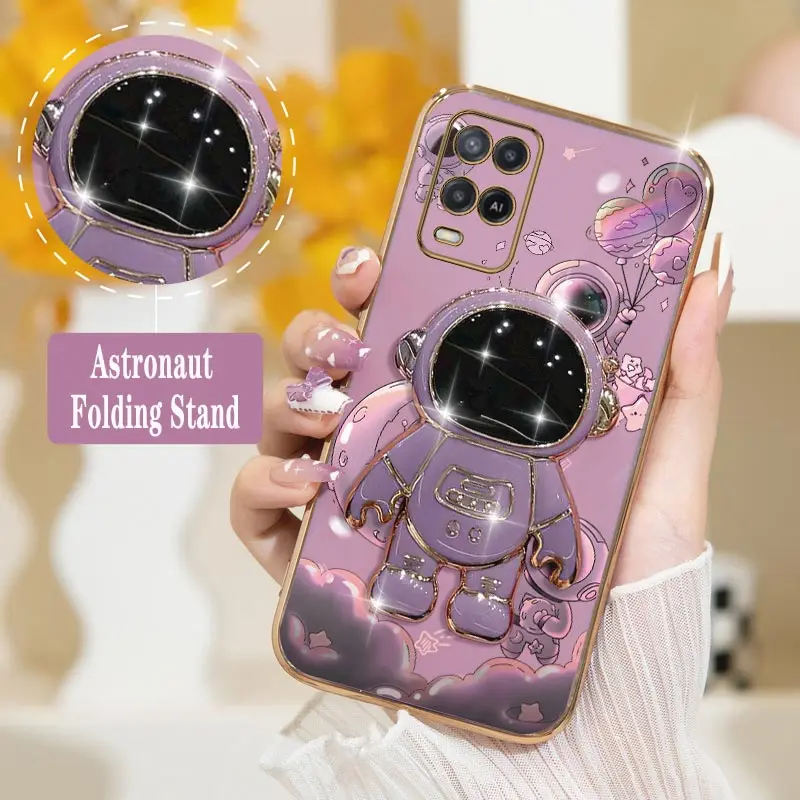 Naughty Astronaut Plating Phone Holder Case For Oppo A15 A15S A16 A16K A76 A77 A78 A53 A54 A55 A92 A94 A95 A83 F19 Cover