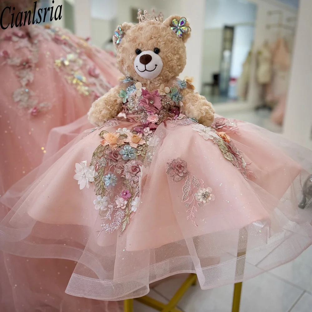 Pink  Personalized Quinceanera Teddy Bear Dress Beaded Exquisite Flowers Appliques Robe De Bal Customized