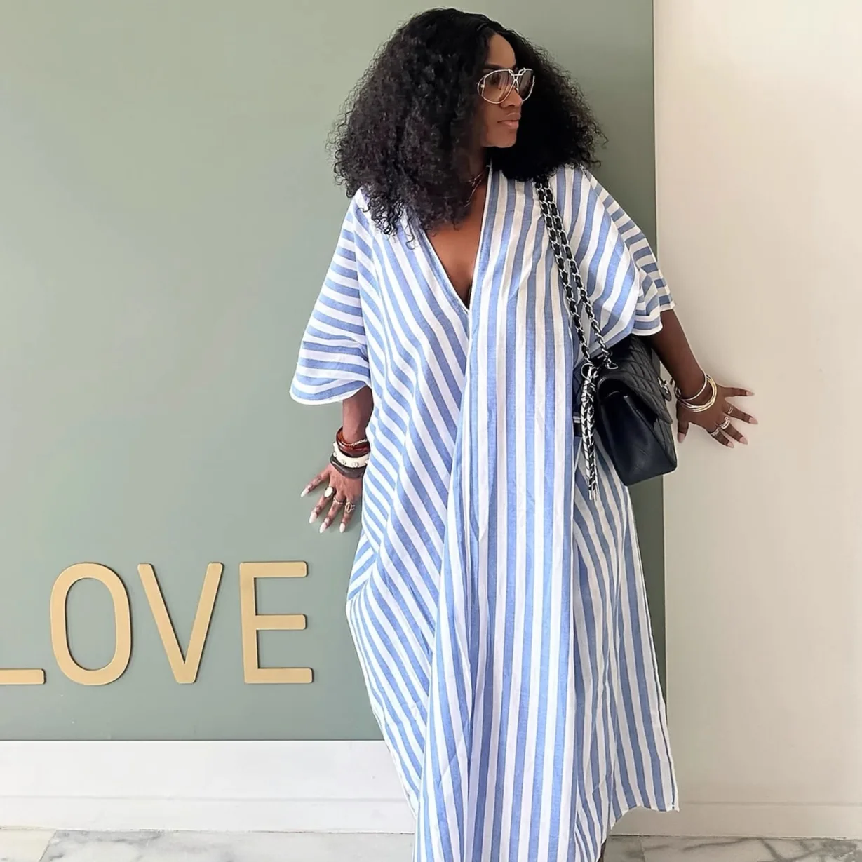 

Women Dresses Striped Dress Oversize Deep V Neck Short Sleeves Ankle Length Slight Strech Loose Casual Streetwear 2025 Summer