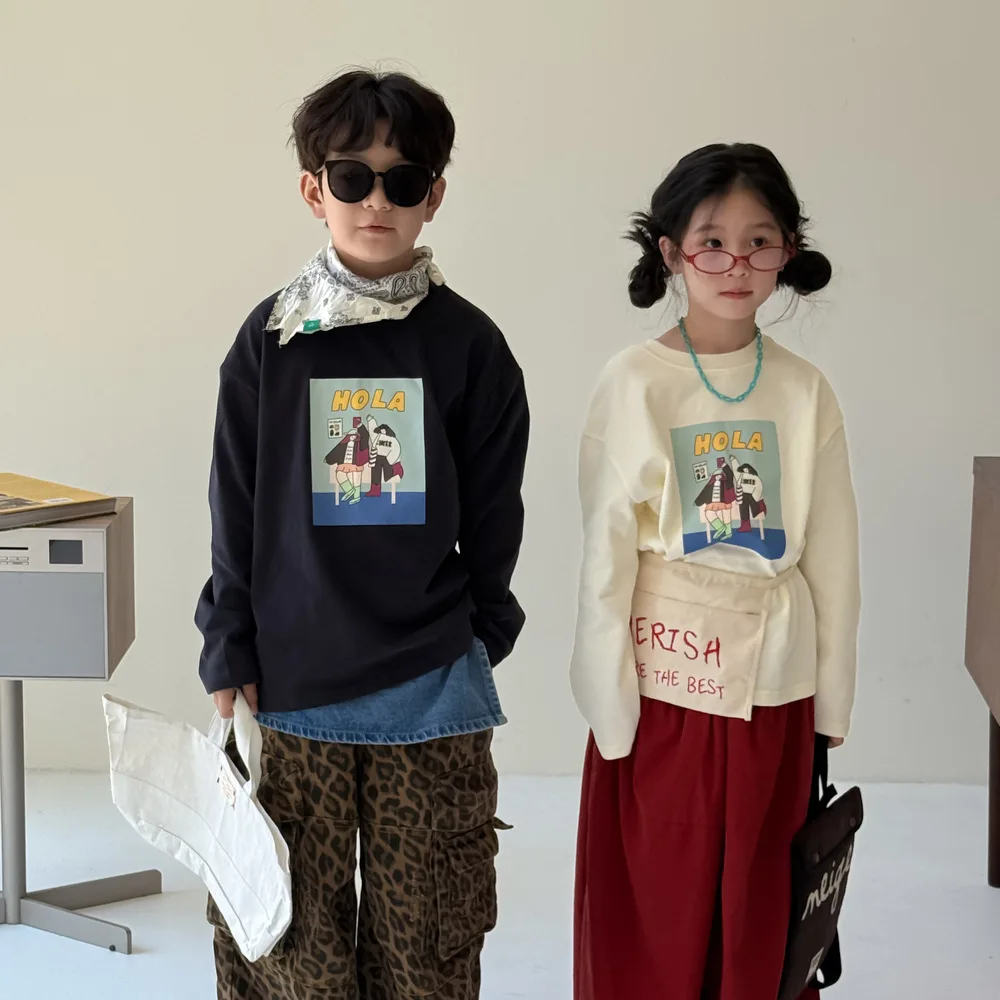 

2025 Autumn Kids T-Shirt Boys Girls Korean Style Cartoon Print Letter Casual Loose Fit Round Neck Top