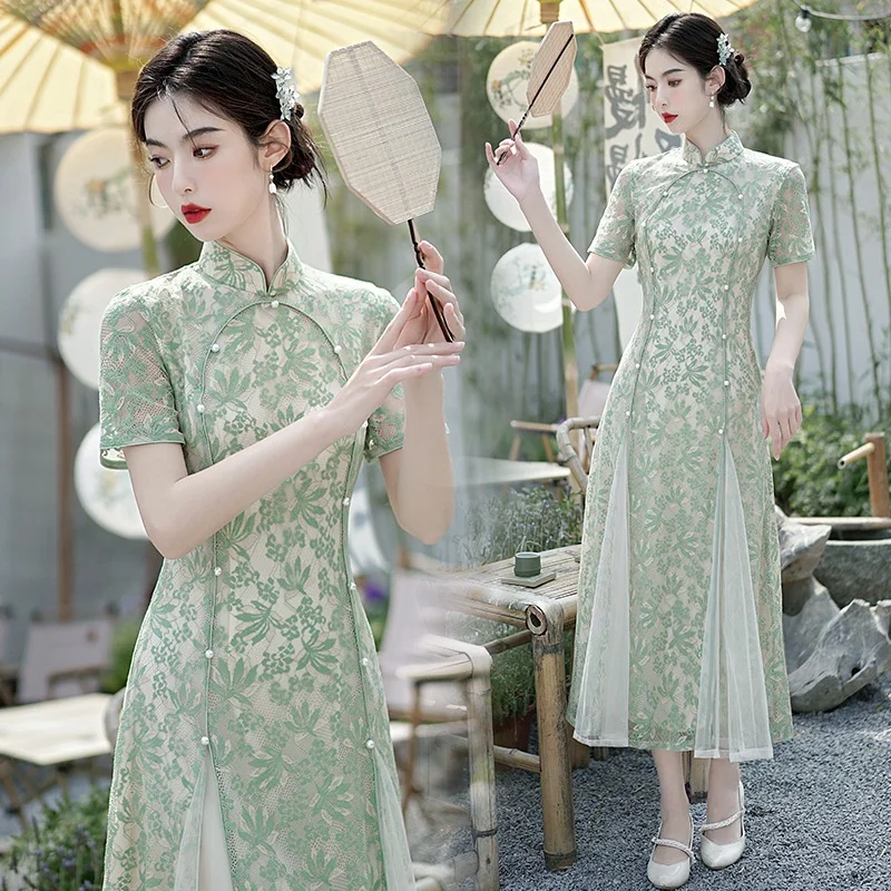 2023 Summer New Loose Temperament Lace Daily Long Girl Young Style Temperament Chinese Retro Improved Aodai Cheongsam Dress X888