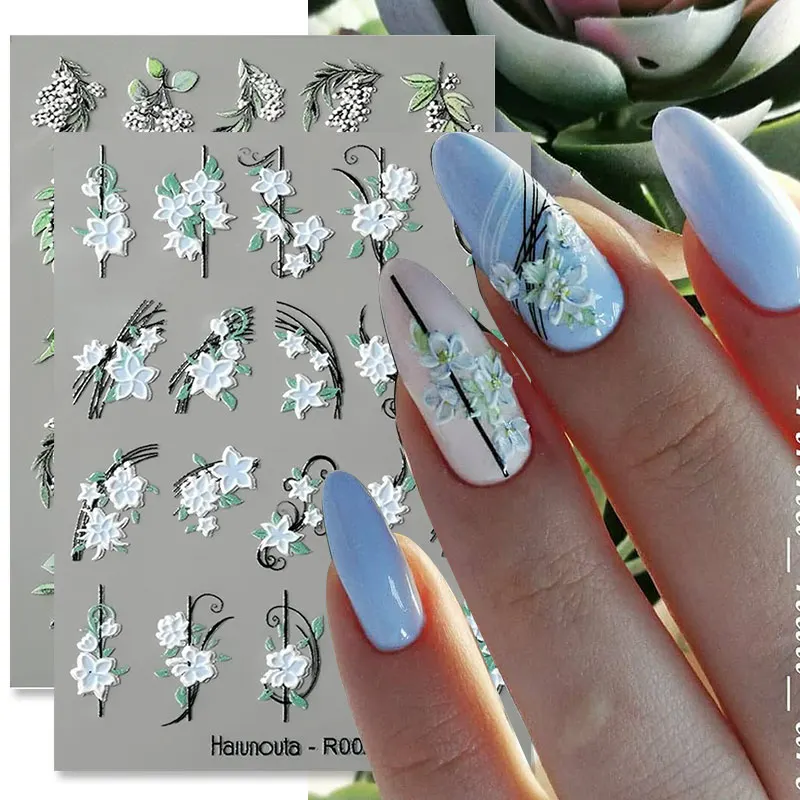 Harunouta 5D Embossed Nail Stickers White Lily of the Valley Tulip Leaves Lines Gel Polish Decals Wedding Flower Engraved Slider