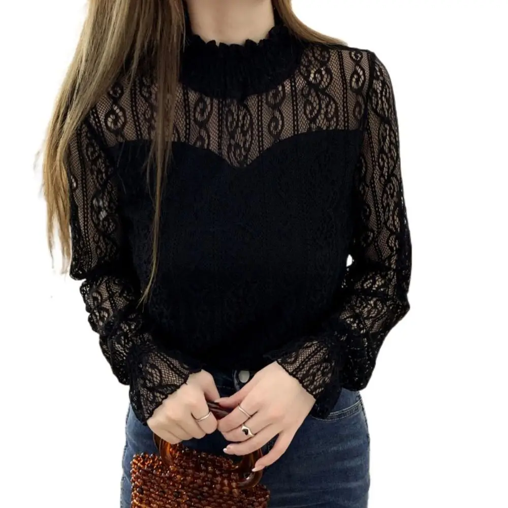 Pullover Lace Flower Top Women Half High Collar Blouse Transparent Long Sleeved Top See Through Beach Shirts