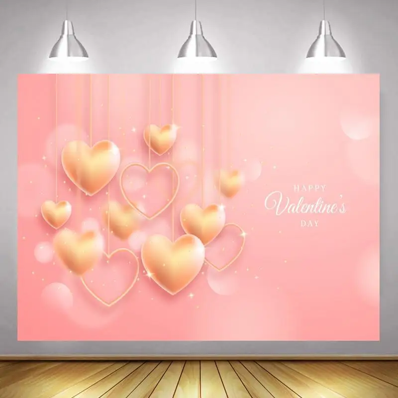 Golden Heart-Shaped Balloon Valentine's Day Happy Pink Background Couples Party Venue Decorative Photography Studio Backdrop