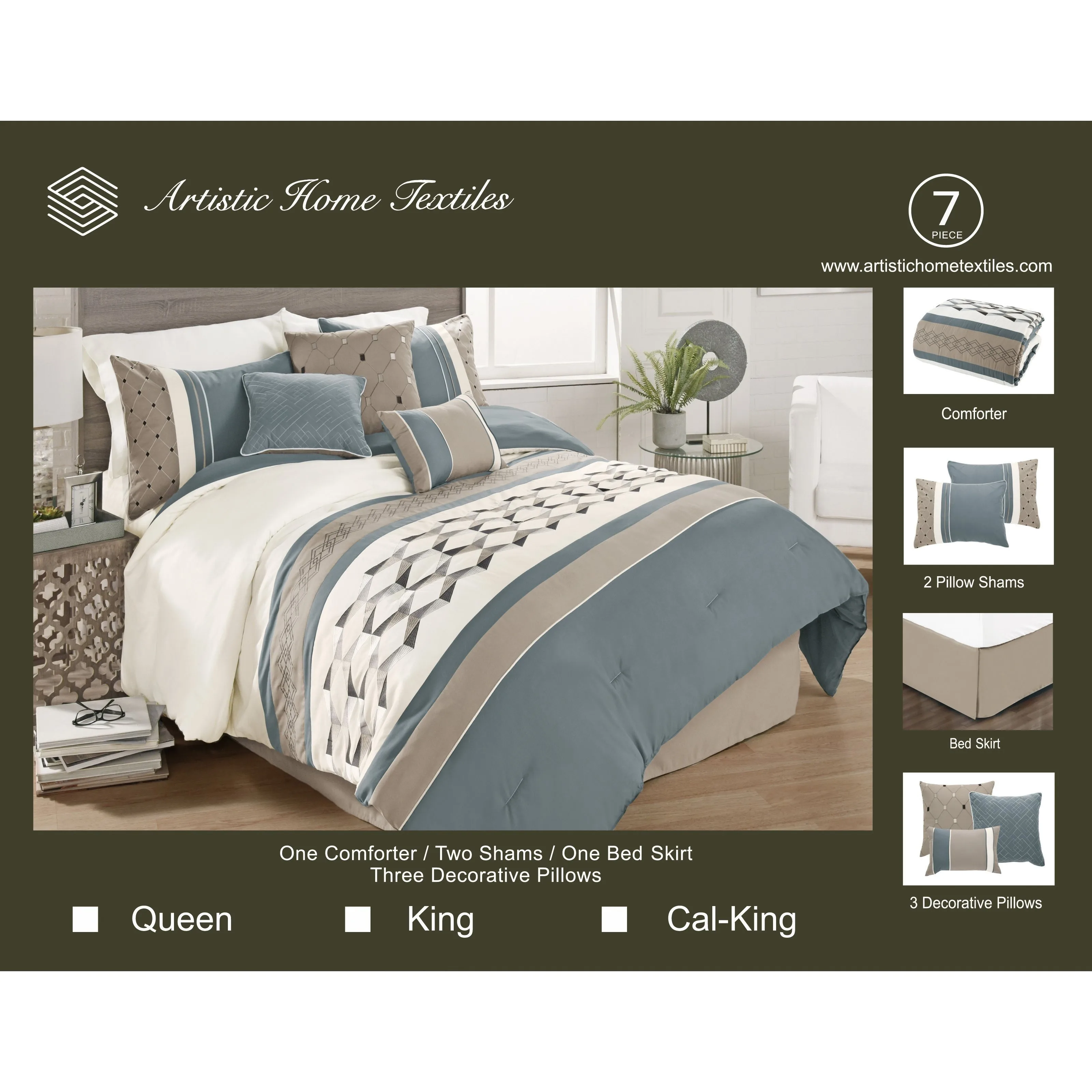 

7-Piece Embroidered Geometric Comforter Set (Queen/King/Cal-King) - Blue & Neutral Bedding with Bed Skirt & Decor Pillows