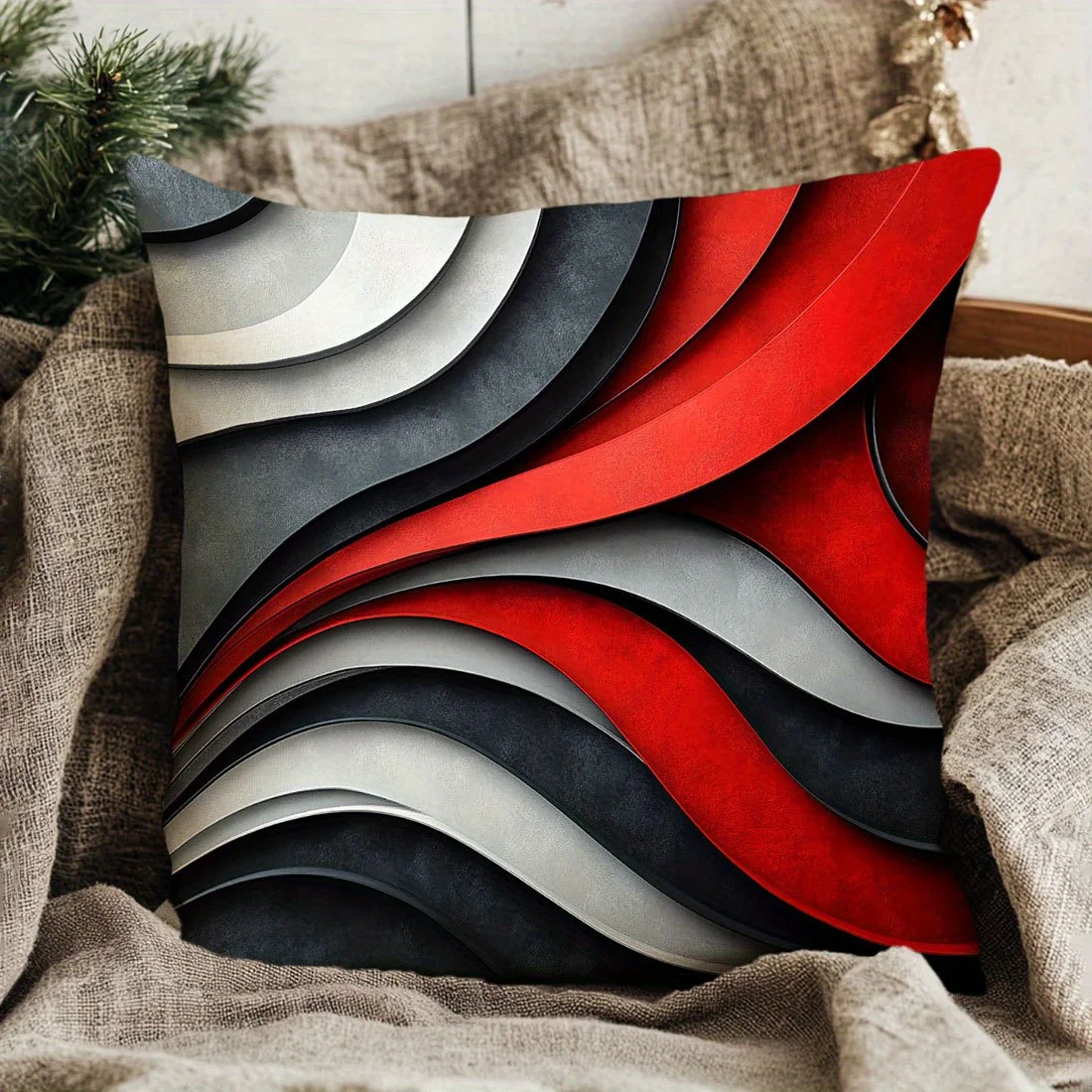 1pc Red Black Gray Wave Geometric Throw Pillow Cover,Suitable for Sofa,Bedroom,Living Room,a Unique Gift for Modern Style Lovers