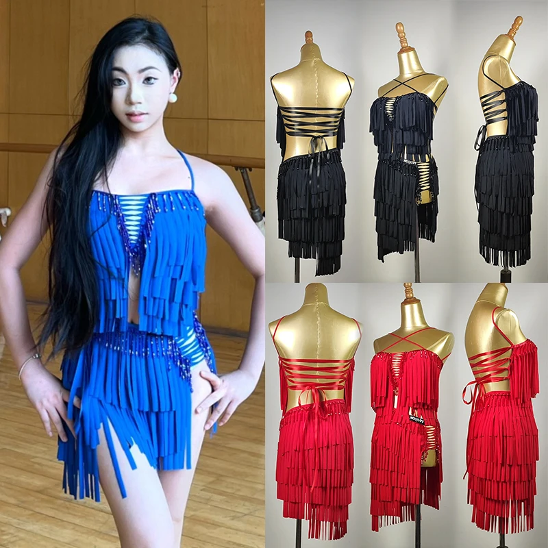 Ropa de baile latino para mujer, vestido con flecos, azul, rojo, negro, ropa de rendimiento para adultos, Cha, Samba, vestido de competición latina, DNV20758