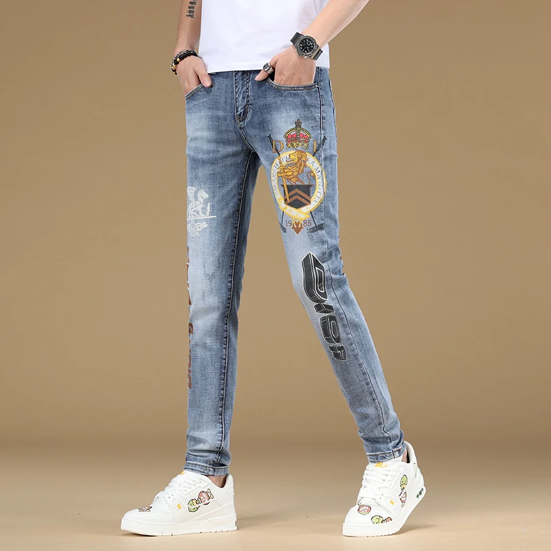 Affordable luxury fashion skinny jeans for men 2024 new high-end fashionable printed casual stretch denim slim-fit trousers