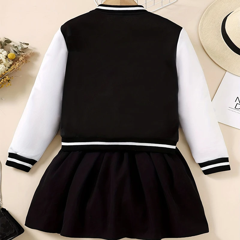 Two Piece Set Of Autumn And Winter Girls Baseball Jacket Short Skirt Long Sleeve Letter A Sticker Decoration College Style Set