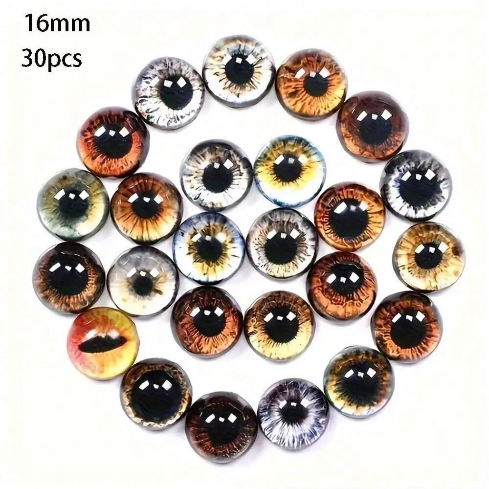 6/8/12/16 mm Puppenaugen, Katzenaugen, Glasaugen, rundes Cabochonauge, gemischt bedruckt, halbrunde Augen, 30 Stück, Mini-Tieraugen für Puppen-Requisiten