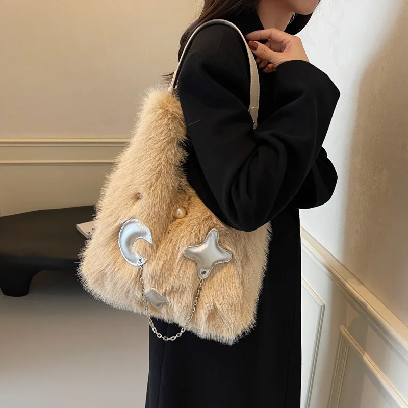 Harajuku Faux Fur Women Shoulder Bag Star Moon Punk Gothic Furry Fluffy Handbag Streetwear Y2K Lolita Style Girls Tote Bag