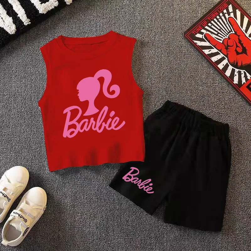 Conjunto de shorts e mangas curtas da Barbie, camisetas dos desenhos animados kawaii, moda verão, tops Y2K, roupas de alta qualidade, presentes, novo, 2 peças