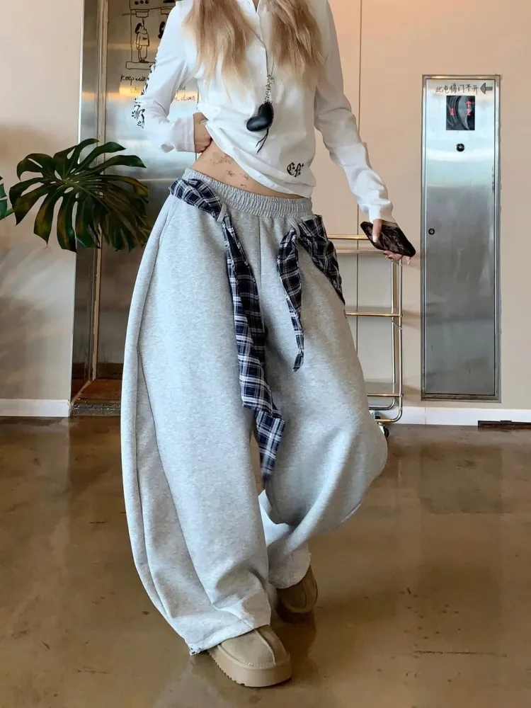 Women's Checkered Fabric Vintage Hip-hop Sweatpants Unisex Summer Girl Pants Wide Leg Bottoms Female High Waisted Baggy Trousers