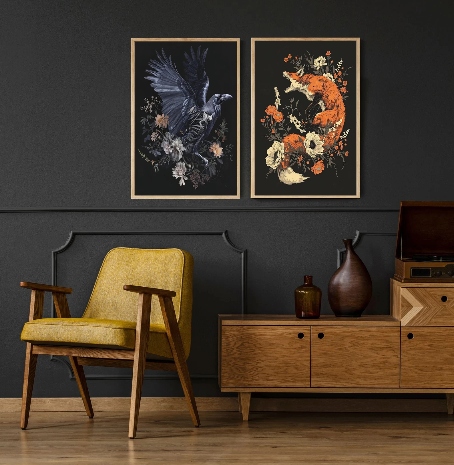 Horrible Floral Skeleton Animal Poster Gothic Bat Owl Rabbit Fox Canvas Painting Occult Wall Art Dark Academia Room Home Decor