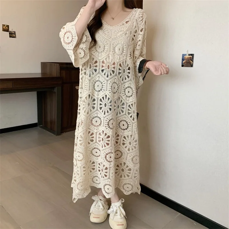 

2025 Long Dress Spring Summer New Trendy V-neck French Style Crochet Medium Sleeve Hollow Out Chic Ins Knitted Dress