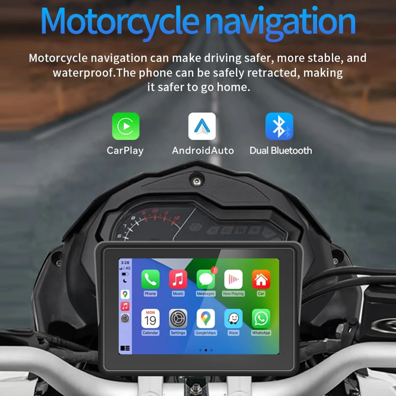 5 Inch Portable Motorcycle CarPlay GPS Navigation 1000nit External Motorcycle Screen Tire Pressure Display IPX7 Waterproof