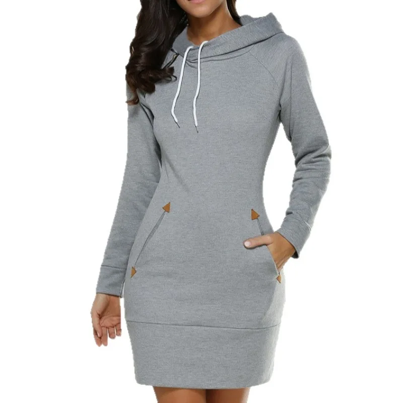 Damenbekleidung Neues mittellanges Sweatshirt-Kleid mit Kapuze und Reißverschluss