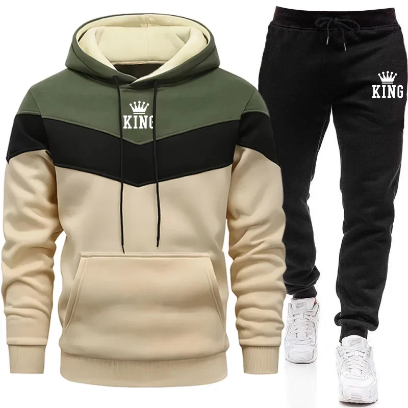 

Autumn Winter King Printing Mens Tracksuit Casual Tricolor Hooded Sweatshirt Suit Jogging Street Popular Clothing Warm Outfits