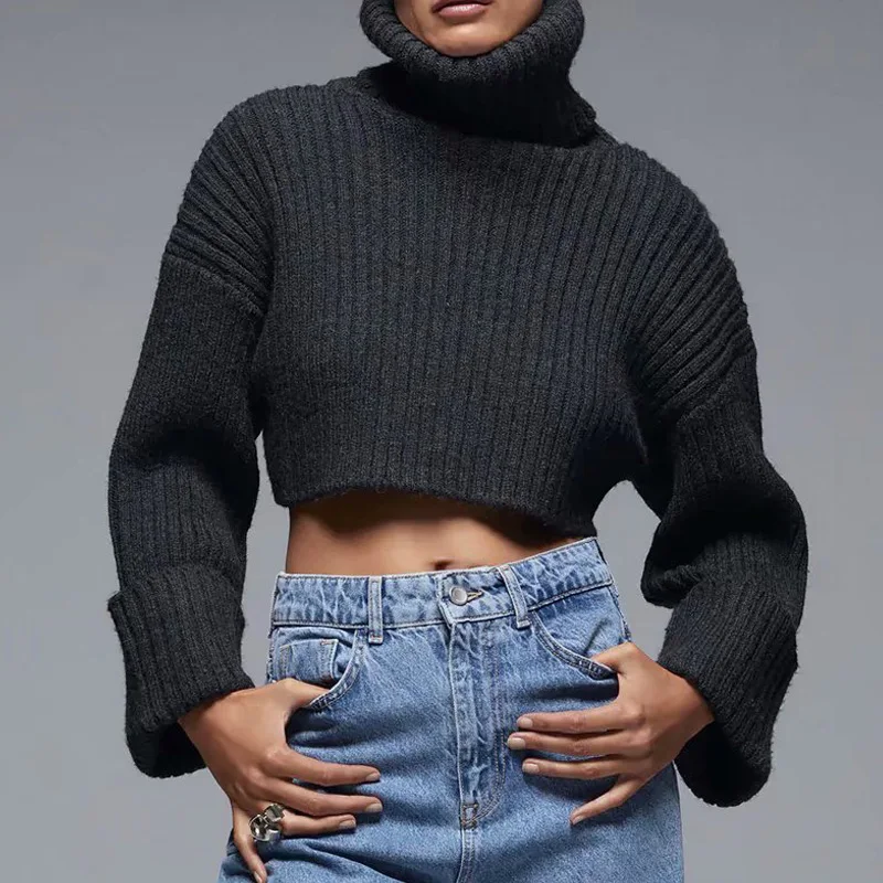 2023 Ladies Autumn and Winter Retro Turtleneck Sweater Solid Long Sleeve Warm Knit Pullover Women Casual Cropped Sweater New