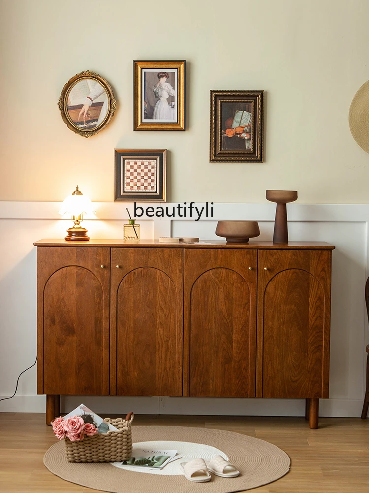 Retro Cherrywood Shoe Cabinet Four-Door Mid-Ancient Storage Door Locker Solid Wood French Side Hall Cabinet