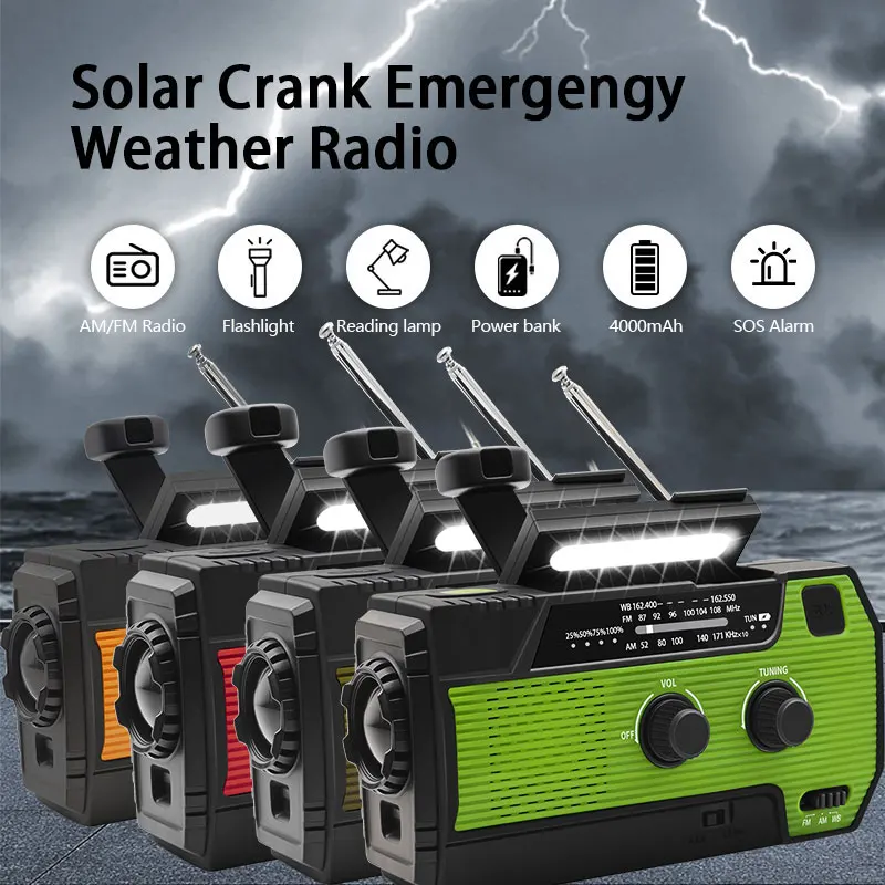 FM Radio Weather Receiver 4000mAh Multifunctional Solar Hand Crank Radio USB Charging Emergency Radio LED Flashlight Power Ban