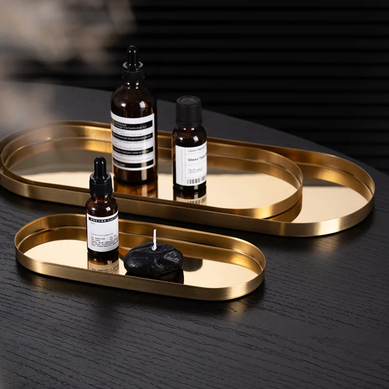 

Thickened Stainless Steel Tray Straight Edge Oval Tray Gold Modern Aromatherapy Jewelry Tray Ornaments Cosmetics Storage