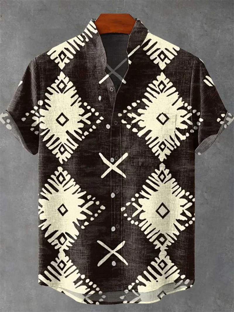 

New men's linen short sleeved shirt with fashionable petal art pattern, retro casual and comfortable, high-quality button top