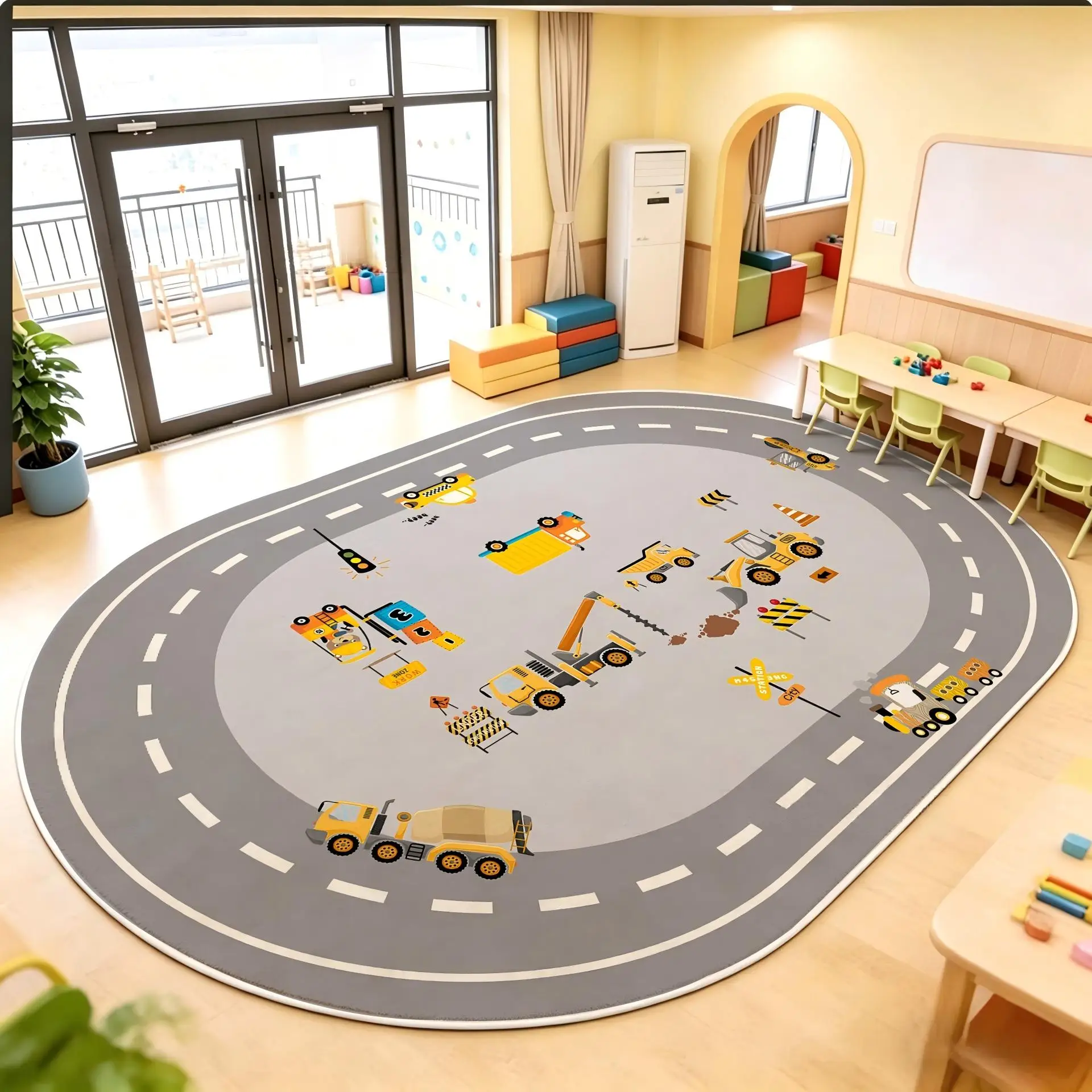VIKAMA Construction Truck Kids Play Mat, Excavator Mixer Road Traffic Rug, Non Slip Washable Crystal Velvet Rug for Boys