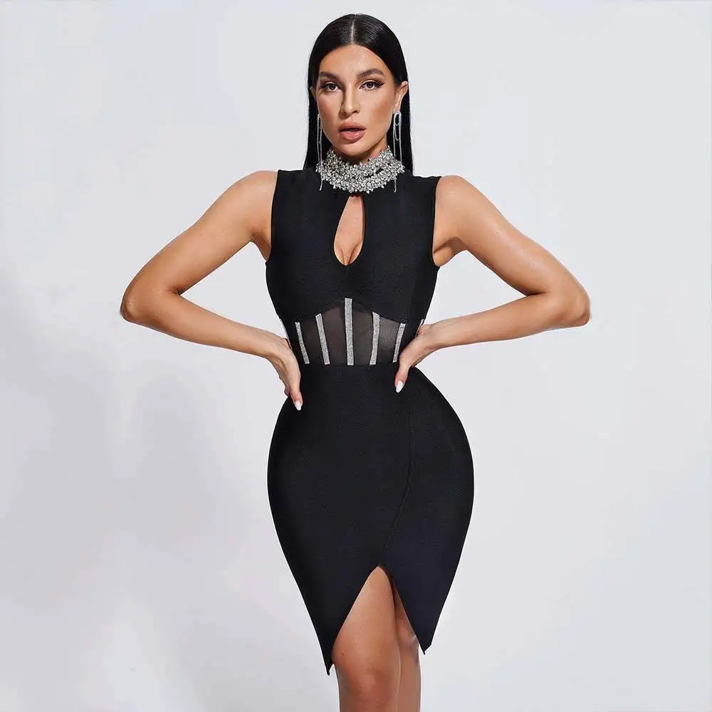 

2023 Fashion Elegant Sleeveless Turtleneck Hollow Out Tight Dress For Women Celebrity Party Luxury Diamond Sexy Split Mini Dress