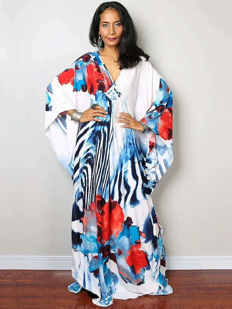 2025 new Floral Printed Swimsuit Cover-Ups Women Robe V-Neck Plus Size Pleated Beach Long Dress Summer  Fashion Beach Cover Up