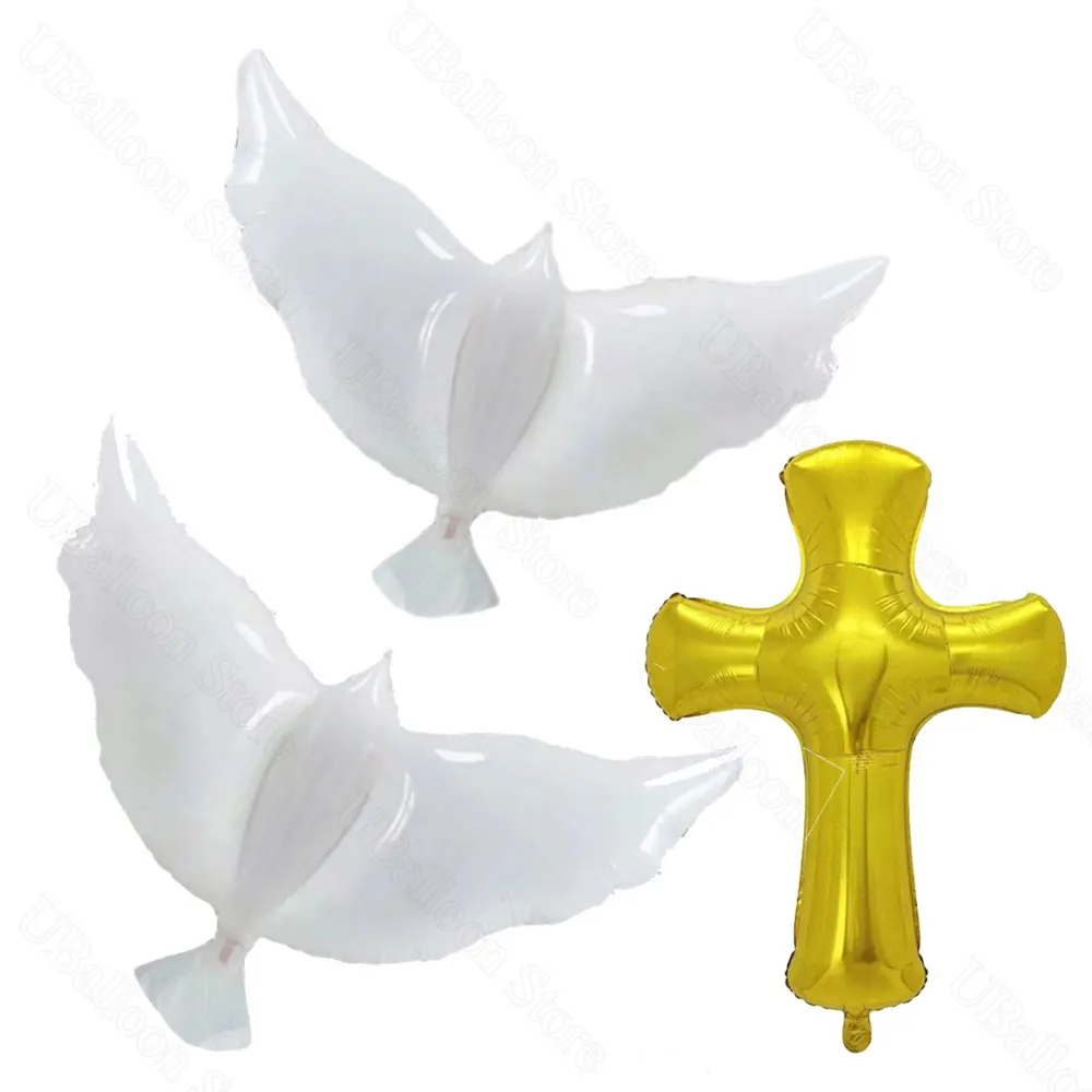 3Pcs Pigeon Cross Foil Balloons White Peace Dove Gold Cross Helium Balloon for Baby Shower Birthday Baptism Wedding Party Decor