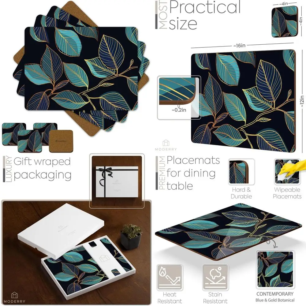 

4-Piece Heat-Resistant Cork Placemats with Matching Coasters, Sage Green Marble, 16x12 inches